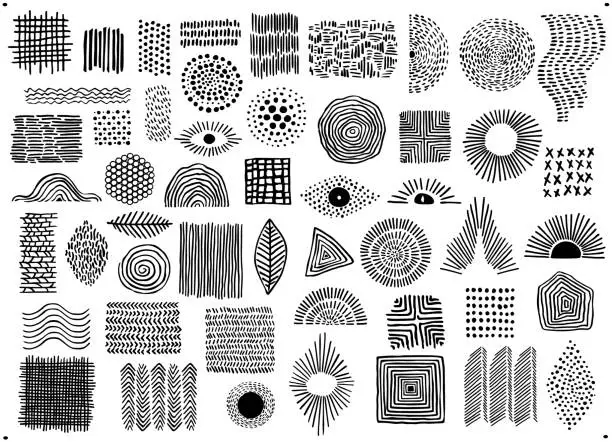 Vector illustration of abstract black color geometric dot  line and curves art shapes and forms, spotted doodles set, isolated vector illustration graphics