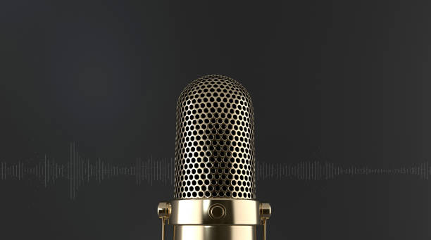 istock Close-up elegant golden microphone frontally on a black background with sound waves. podcast concept. 1318269617
