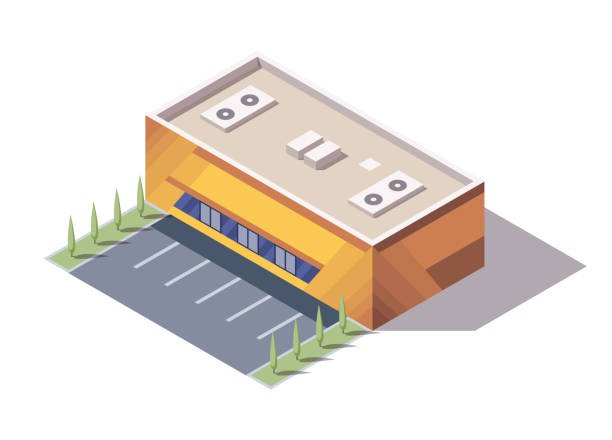 budynek supermarketu izometrycznego lub sklepu spożywczego. ikona izometryczna wektora lub element infograficzny reprezentujący budynek centrum handlowego z parkingiem. rynek sklepów 3d dla infrastruktury miejskiej - shopping mall supermarket store sign stock illustrations