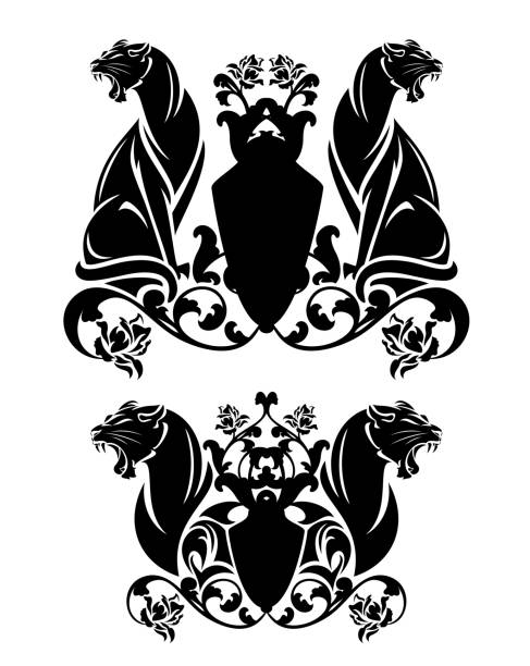 豹子和預兆盾與玫瑰花黑白向量設計集 - leopard 2 幅插畫檔、美工圖案、卡通及圖標