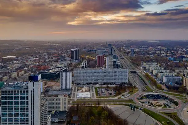 Aerial drone view on Katowice city center. Katowice, Silesia, Poland