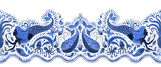 illustrations, cliparts, dessins animés et icônes de motif de bordure transparente d’animaux marins de conte de fées bleu foncé et de sirène. aquarelle peint poisson fantaisie, poulpe, corail, coquillages, bulles sur fond blanc. frange batik, impression textile - backgrounds paisley pattern sea