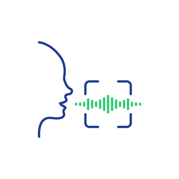 語音和語音辨識線圖示。使用聲波掃描語音命令圖示。語音控制。說話或說話識別和識別行圖示。人頭和聲波。向量插圖 - 聽寫 幅插畫檔、美工圖案、卡通及圖標