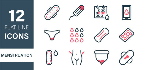 frau menstruation zyklus icons sammlung. sanitär pad und perioden der menstruation linie flache icons set. perioden pad, menstruationsbecher, tampons, bluttropfen, pillen. bearbeitbarer strich. vektor-illustration - menstruation stock-grafiken, -clipart, -cartoons und -symbole