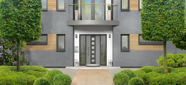 istock fictitious modern private home entrance with front yard and front door 1318275098