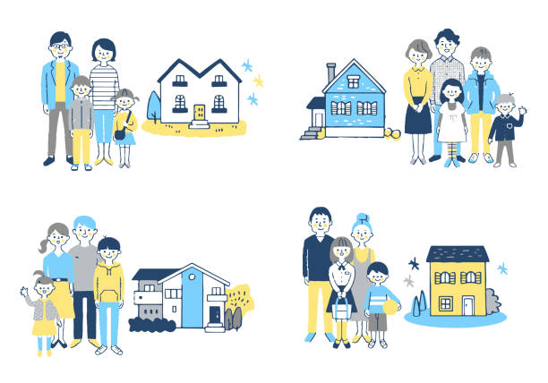 家の前に立つ4家族 - 日本人　家族点のイラスト素材／クリップアート素材／マンガ素材／アイコン素材