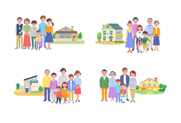 ilustraciones, imágenes clip art, dibujos animados e iconos de stock de 4 pares de familias de 3 generaciones de pie frente a la casa - multi generation family