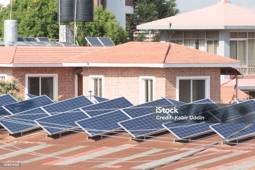 Rooftop solar panel in Kathmandu Installed rooftop solar panels photo from the Jhamsikhel, Kathmandu, Nepal Solar Energy Stock Photo