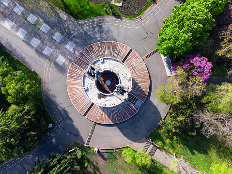 Burgas, Bulgaria - May 1, 2021: Aerial view of The Pantheon Monument at the Sea Garden of Burgas, Bulgaria at springtime.