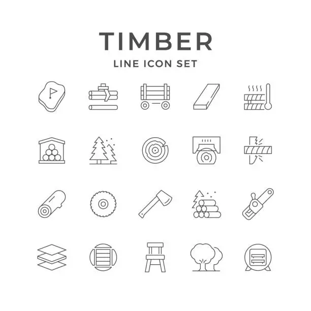 Vector illustration of Set line icons of timber industry