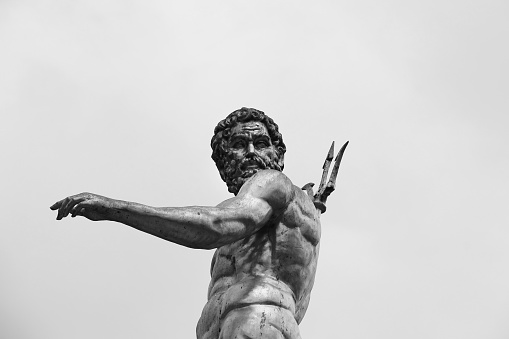 Batumi, Georgia-July 27, 2018: Statue of Poseidon, God of the Sea in Batumi. The statue was taken as a half portrait.