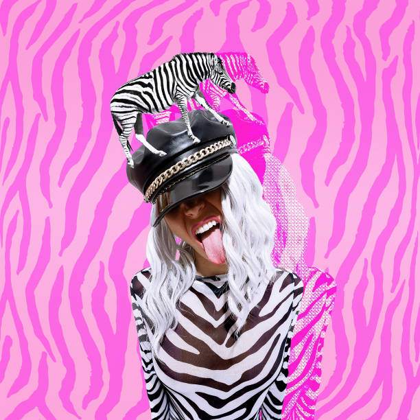 Contemporary digital funky minimal collage poster. Stylish emotional party zebra Lady. Trendy animal print. Back in 90s. Pop art zine fashion, music, clubbing culture. stock photo