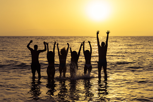 Happy friends jumping inside water on the beach at sunset. Young people having fun on summer vacation. Travel, party and friendship concept. Image