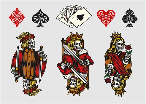 Gambling elements vintage colorful composition with king queen jack skeletons for playing cards different card suits and royal flush poker hand isolated vector illustration