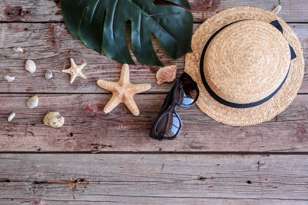 istock Beach accessories: glasses and hat with shells and sea stars on a colored background 1318289456