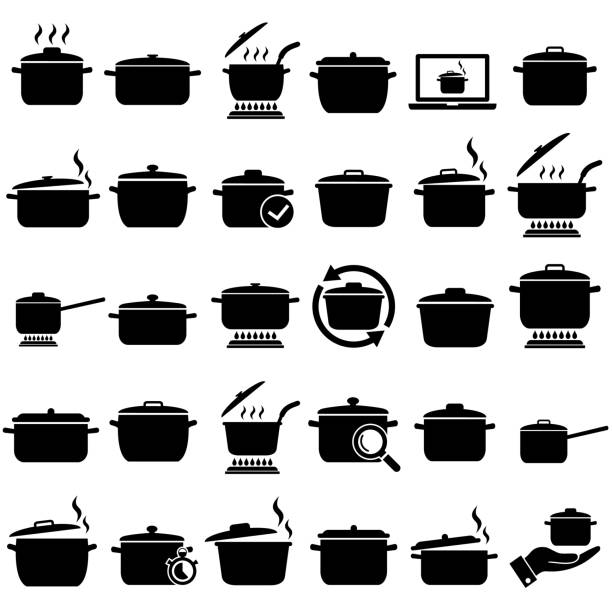 ilustrações de stock, clip art, desenhos animados e ícones de pan set icons, pot for cooking food logo isolated on white background - pan