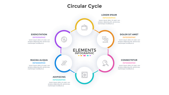 Ring-like chart with 6 paper white round elements. Concept of six stages of closed production cycle. Flat infographic design template. Minimal vector illustration for cyclic process visualization.