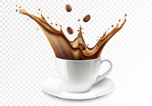 Coffee splash. A cup of coffee. Coffee beans falling into ceramic white mug or cup with hot coffee splash. Coffee mug 3D realistic vector illustration.