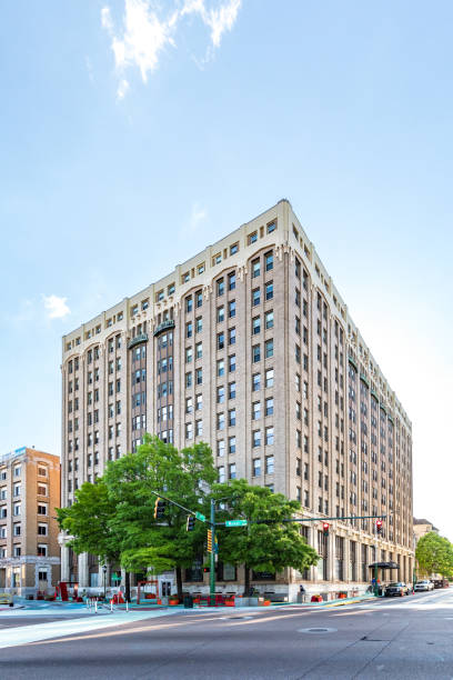 Chattanooga, TN, USA-7 May 2021: Patten Towers, also called 'Hotel Patten', a beaux-arts building, completed in 1908, currently undergoing renovations, and will remain an apartment building. Patten Towers, also called 'Hotel Patten', a beaux-arts building, completed in 1908, currently undergoing renovations, and will remain an apartment building.