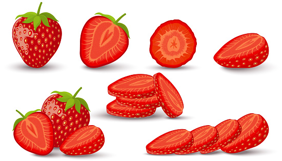 Set of strawberry. Whole, slice, half of a strawberry isolated on white background. Vector icon.