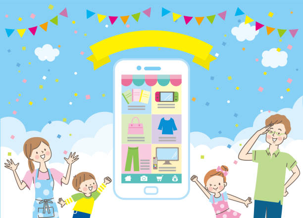 illustrazioni stock, clip art, cartoni animati e icone di tendenza di una famiglia sorridente che fa shopping online sui propri smartphone - child balloon selling sign