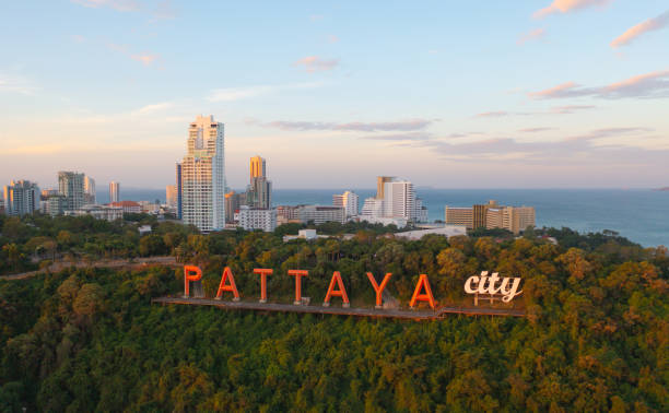 aerial view of pattaya sea, beach in thailand in summer season, urban city with blue sky for travel background. chon buri skyline. - pattaya imagens e fotografias de stock