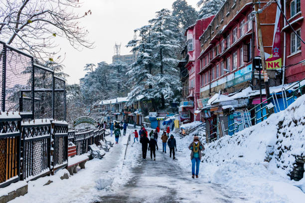 ultime vedute di snowfall in shimla - mountain snow sunset house foto e immagini stock