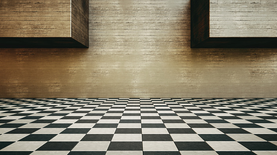 Abstract room structure with black and white tiled floor and concrete walls, front view composition