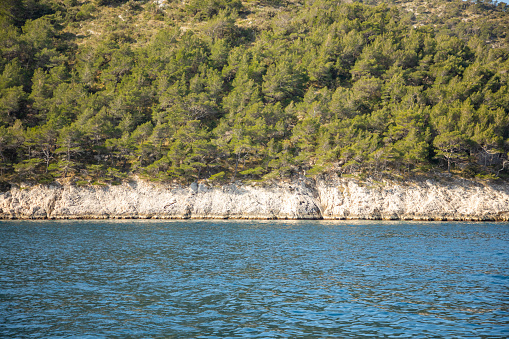 View from water of rocky shore of island, Croatia