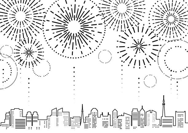 иллюстрация городского пейзажа с фейерверками (монохромное линейный искусство) - firework display pyrotechnics building exterior design stock illustrations