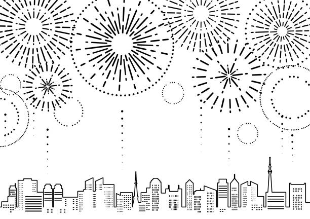 Illustration of cityscape with fireworks (monochrome line art) Illustration of cityscape with fireworks (monochrome line art) black and white party stock illustrations