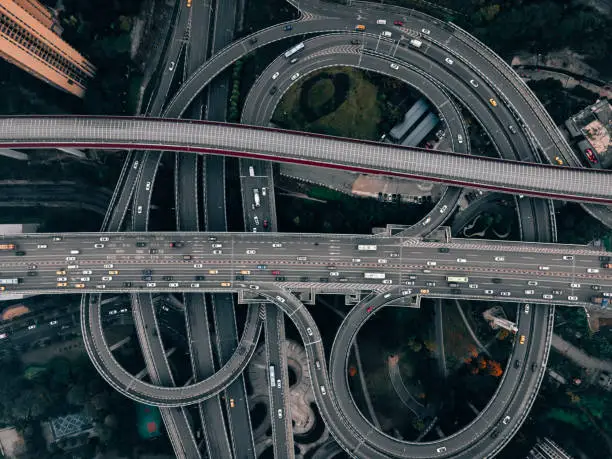 Aerial View of Complex Overpass and Busy Traffic
