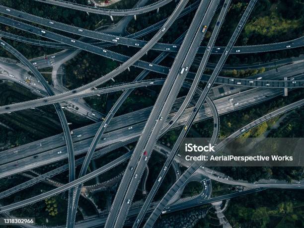 Aerial View Of Complex Overpass And Busy Traffic Stock Photo - Download Image Now - Transportation, Mode of Transport, Complexity