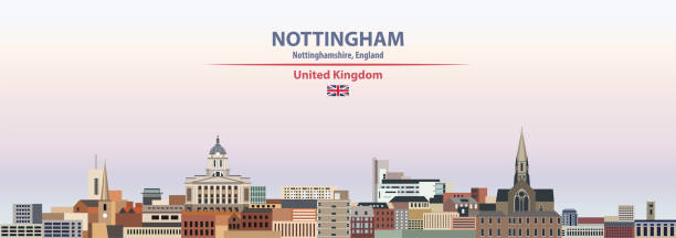 Nottingham cityscape on sunset sky background vector illustration with country and city name and with flag of United Kingdom Nottingham cityscape on sunset sky background vector illustration with country and city name and with flag of United Kingdom nottingham stock illustrations