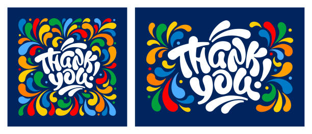 Thank You Lettering Set Thank you handwritten lettering. Unique lettering, thick brush calligraphy. Composition in a square and a rectangle with a bright colorful ornament on a dark blue background. Vector illustration. thank you stock illustrations