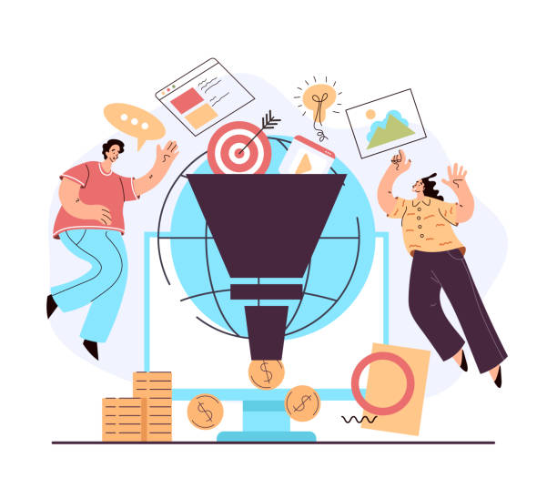 illustrazioni stock, clip art, cartoni animati e icone di tendenza di monetizzazione social media suggerimenti tariffe strategia e attrarre follower e reddito di denaro. illustrazione vettoriale in stile moderno - customer target people market