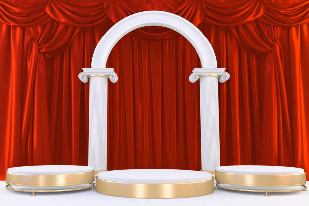 istock Gold podium show in red color background.3D rendering 1318306328