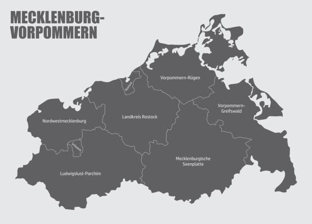 Mecklenburg-Vorpommern administrative map The Mecklenburg-Vorpommern administrative map with labels, Germany mecklenburg vorpommern stock illustrations