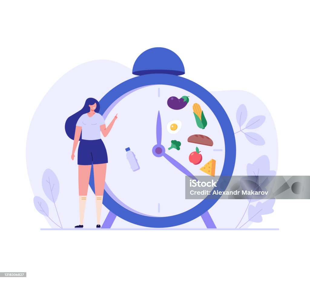 Woman standing food intake clock, diet food set. Concept of fasting, intermittent fasting, diet, diet plan, proper nutrition, dream figure, fitness, healthy food. Vector illustration in flat design Eating stock vector