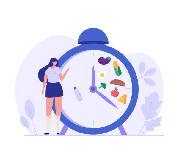 Woman standing food intake clock, diet food set. Concept of fasting, intermittent fasting, diet, diet plan, proper nutrition, dream figure, fitness, healthy food. Vector illustration in flat design Woman standing food intake clock, diet food set. Concept of fasting, intermittent fasting, diet, diet plan, proper nutrition, dream figure, fitness, healthy food. Vector illustration in flat design fasting activity illustrations stock illustrations