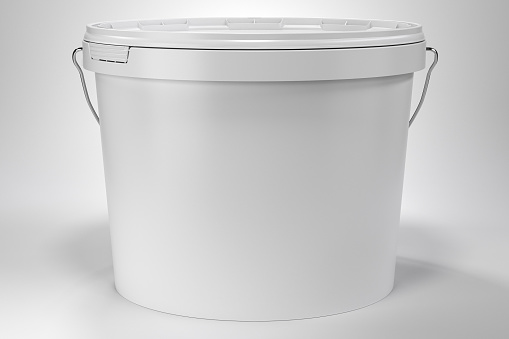 Blank white paint bucket with handle and plastic white lid on white neutral background, front view, 3d rendering. Empty package for paint, ice cream or yogurt mock up, ready for a label, trademark, brand presentation. Clear sealed container with lid for housework template. #