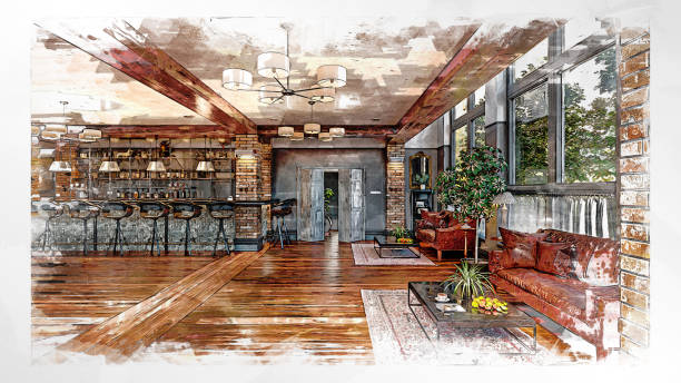 Sketch with markers effect on a 3D rendered image of an empty large retro restaurant bar with lounge corner, tables and bar stools