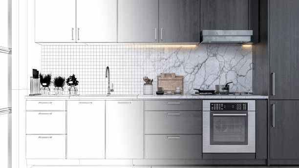 leere moderne graue küche mit fenstern auf einer seite halb blaupause halb 3d gerendert bild - heating plant stock-fotos und bilder