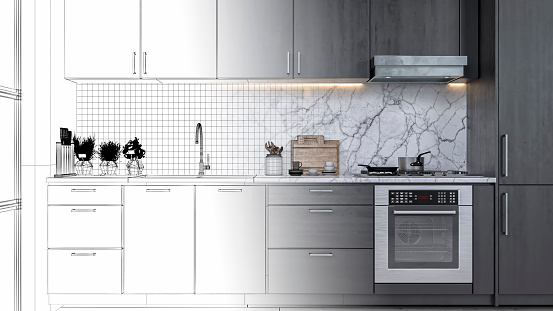 Empty modern kitchen with dark gray wooden kitchen cabinets, white and gray marble background and a large window on a side. Half blueprint half 3D rendered image.