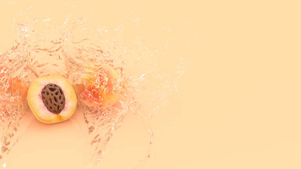 peach on a yellow background in splashes of water