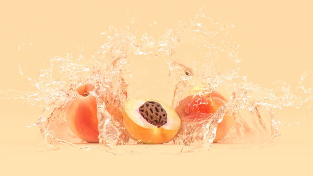 melocotón sobre un fondo amarillo en salpicaduras de agua - splashing orange fruit water fotografías e imágenes de stock