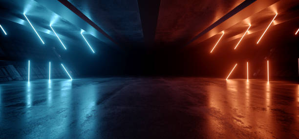 Neon Warehouse Sci Fi Futuristic Laser Orange Blue Glowing Vibrant Electric Concrete Cement Underground Showroom Tunnel Corridor Parking Grunge Asphalt 3D Rendering Neon Warehouse Sci Fi Futuristic Laser Orange Blue Glowing Vibrant Electric Concrete Cement Underground Showroom Tunnel Corridor Parking Grunge Asphalt 3D Rendering Illustration dark showroom stock pictures, royalty-free photos & images
