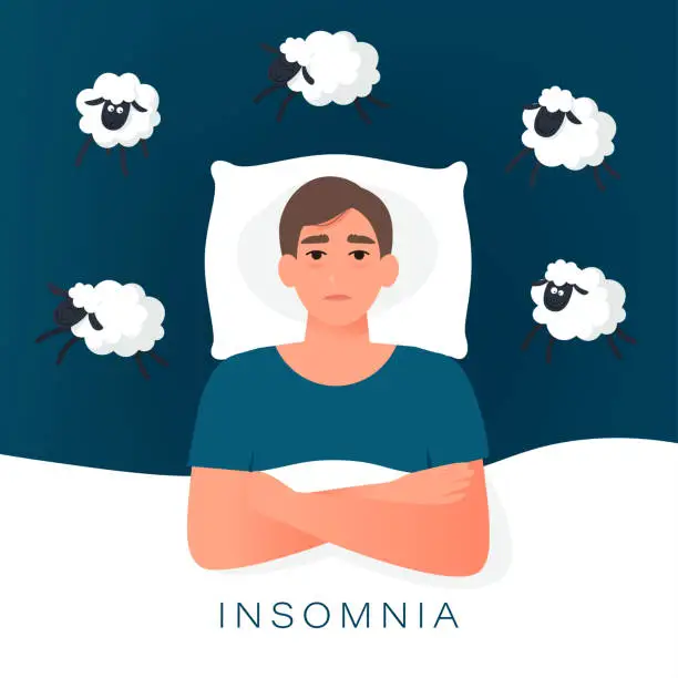 Vector illustration of Man trying to fall asleep counting sheep. Insomnia cause of mental problems, insomniac ideas. Vector illustration in flat style