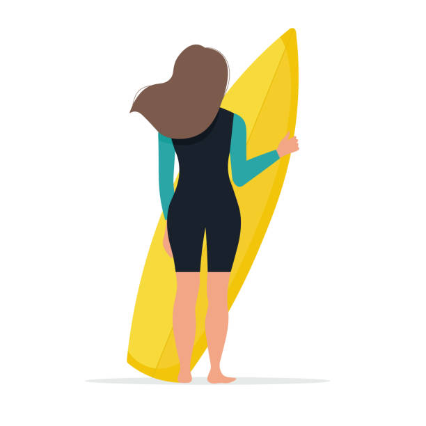 illustrazioni stock, clip art, cartoni animati e icone di tendenza di donna con una tavola da surf. illustrazione isolata vettoriale in stile piatto - one person white background swimwear surfboard