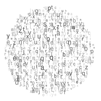 Small random alphabet characters forming circle. White background.